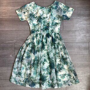 Vintage 50s Floral Chiffon Green & White Cocktail Dress Knee Length Size 8